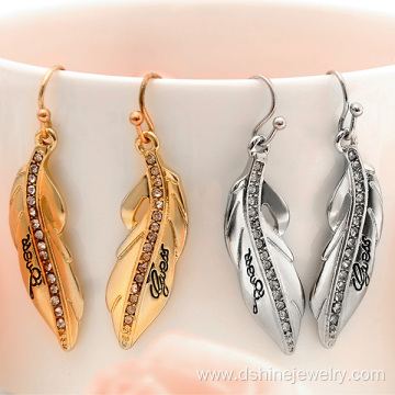 Rhinestone Alloy Feather Earrings With Words Silver Earrings